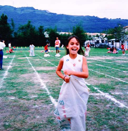 Rhiann Sherriff in a sack race at Hong Lok Yuen International School in April 1997.