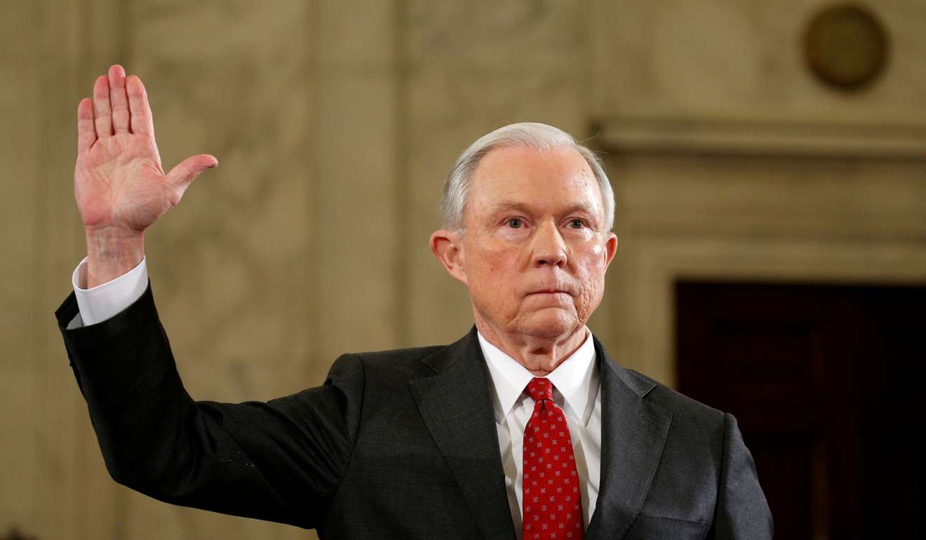 Then-Senator Jeff Sessions is sworn in to testify at a Senate Judiciary Committee confirmation hearing to become US attorney general on Capitol Hill in Washington on January 10. Photo: Reuters