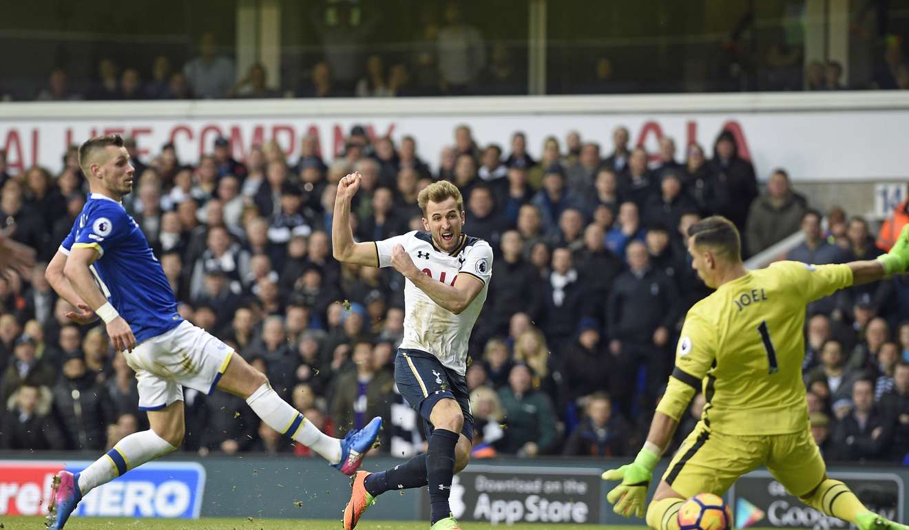 Harry Kane scores his club’s second goal against Everton. Photo: EPA