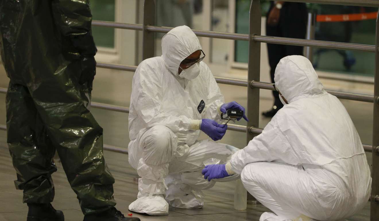 A Hazmat team conducts checks inside Kuala Lumpur International Airport after the assassination of Kim Jong-nam. Photo: EPA