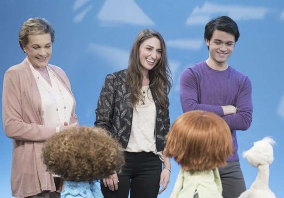 From left: Julie Andrews, Sara Bareilles and Giullian Yao Gioiello give the Greenies a lesson in writing songs. Photo: Netflix