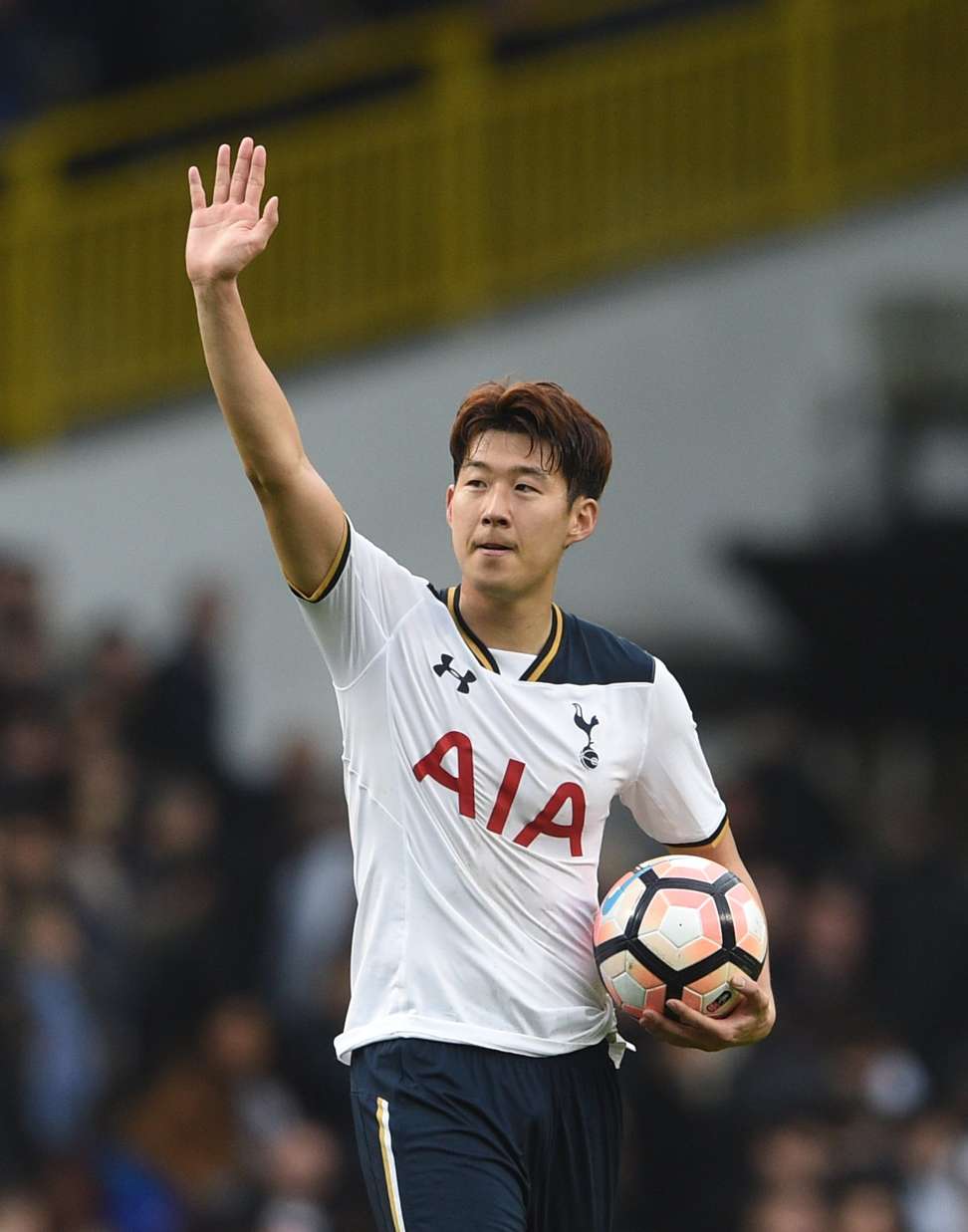 Tottenham Hotspurs’ Son Heung-min with the match ball after his hat-trick against Millwall. Photo: EPA