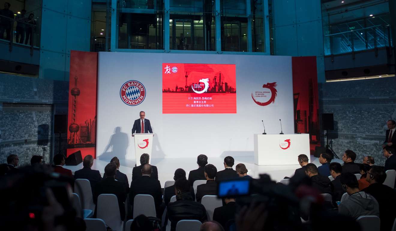 Chief executive officer Karl Heinz Rummenigge speaks during the opening ceremony of Bayern Munich’s first China office.