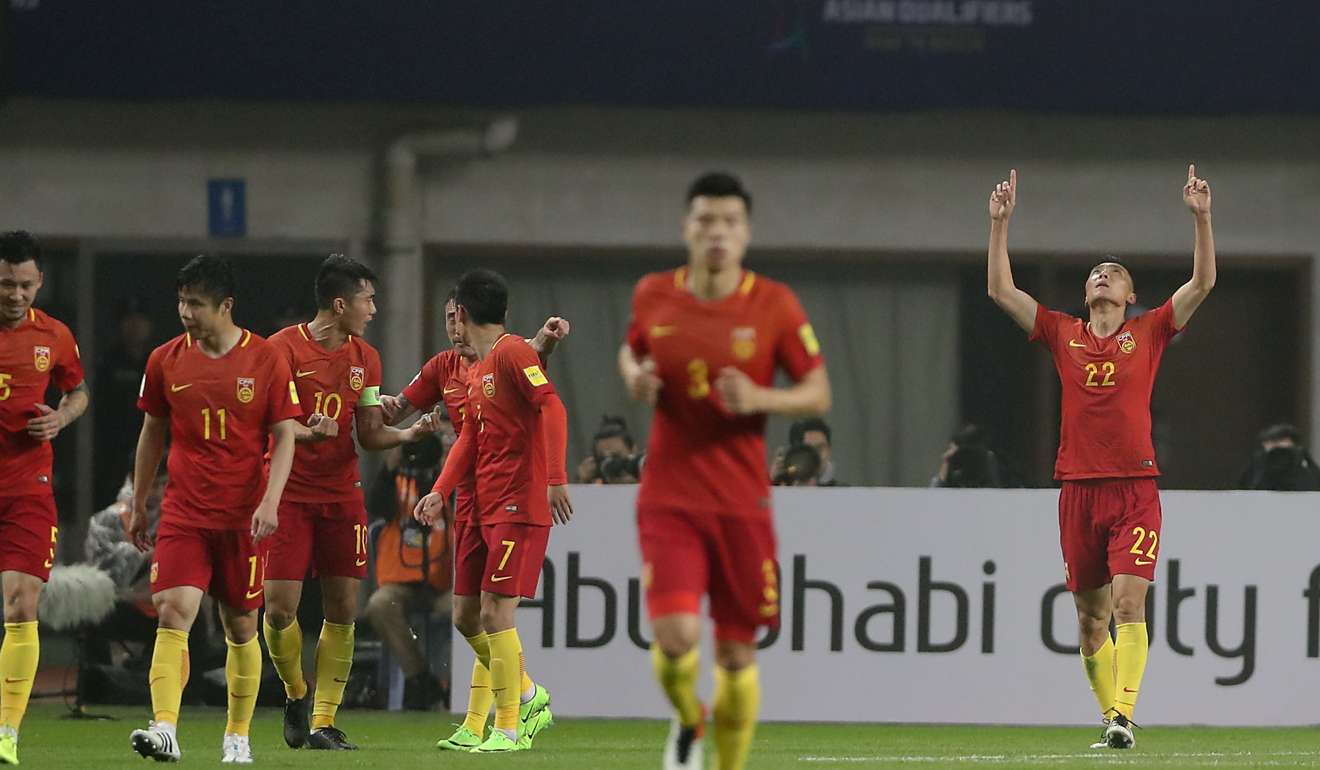 China’s Yu Dabao celebrates his goal against South Korea. Photo: Xinhua强赛中，中国队对阵韩国队。 新华社记者曹灿摄