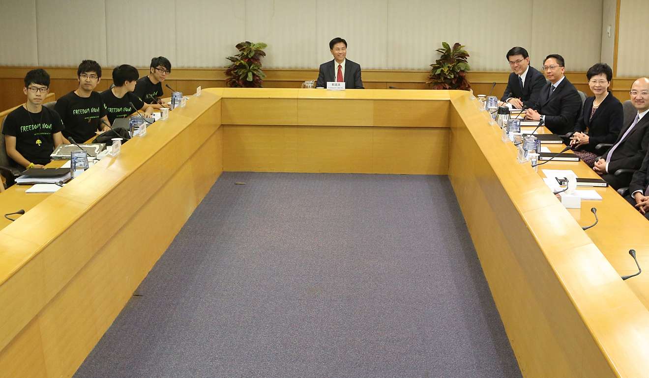 Lam attends a meeting with students during the 2014 Occupy movement. Sam Tsang