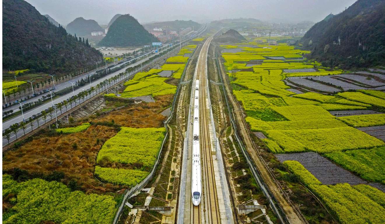 A high-speed train travels through farmland in Anshun, Guizhou province, earlier this month. Official data in the first two months of 2017 shows solid strength in retail sales, industrial output, electricity consumption, steel production, fixed investment and service sector activity. They underline Premier Li Keqiang’s declaration that there would be “no hard landing”. Photo: AFP