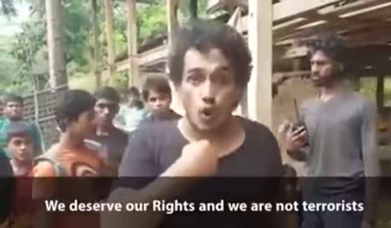 Ata Ullah, leader of Harakah al-Yaqin, a Rohingya Muslim militant group in Myanmar's Rakhine state, in a video accusing Myanmar’s army and government of genocide. Photo: YouTube