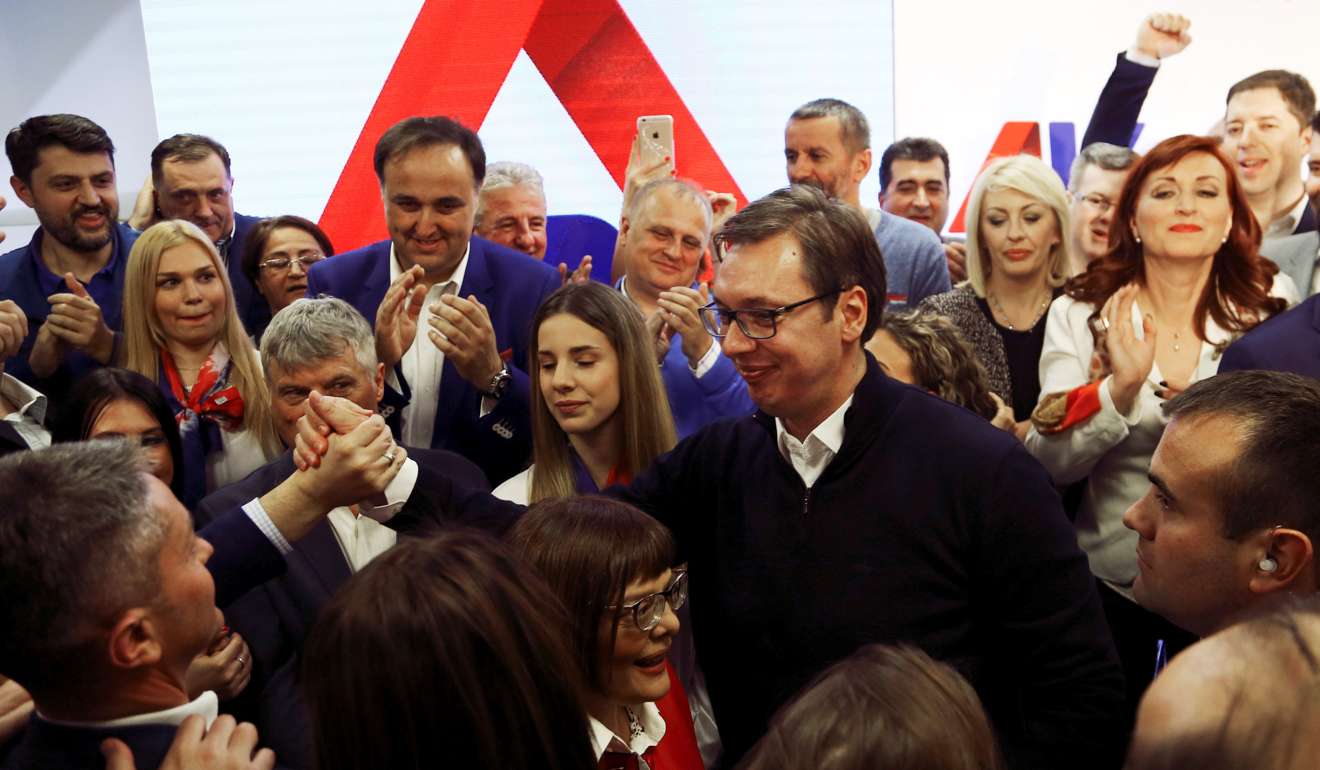 Serbian Prime Minister and presidential candidate Aleksandar Vucic celebrates his win in presidential election at his headquarters in Belgrade, Serbia, April 2, 2017. Photo: Reuters