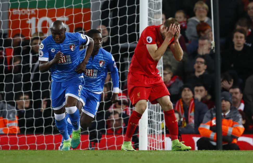 Liverpool’s Ragnar Klavan hold his head after allowing King the space to equalise. Photo: Reuters