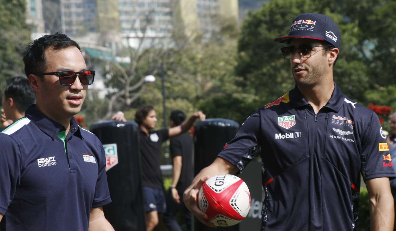 Formula One star Daniel Ricciardo (right) with Hong Kong racing driver Darryl O’Young. Photo: Unus Alladin