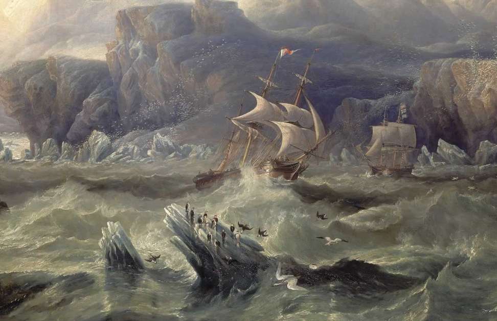 Painting of Erebus and Terror in the Arctic
