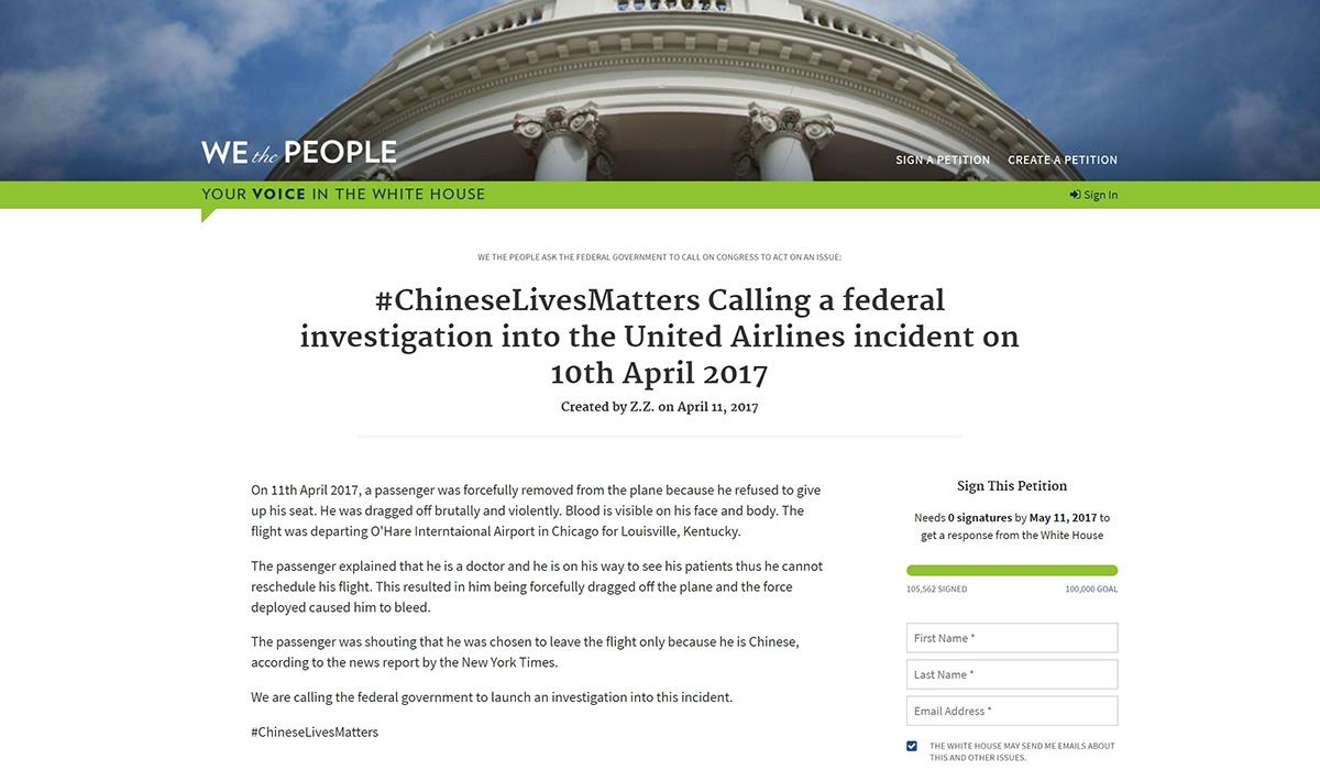 As 4.45pm EDT (4.45am HKT) the #ChineseLivesMatter petition on We the People reached it's goal of 100,000 signatures. Photo: WethePeople