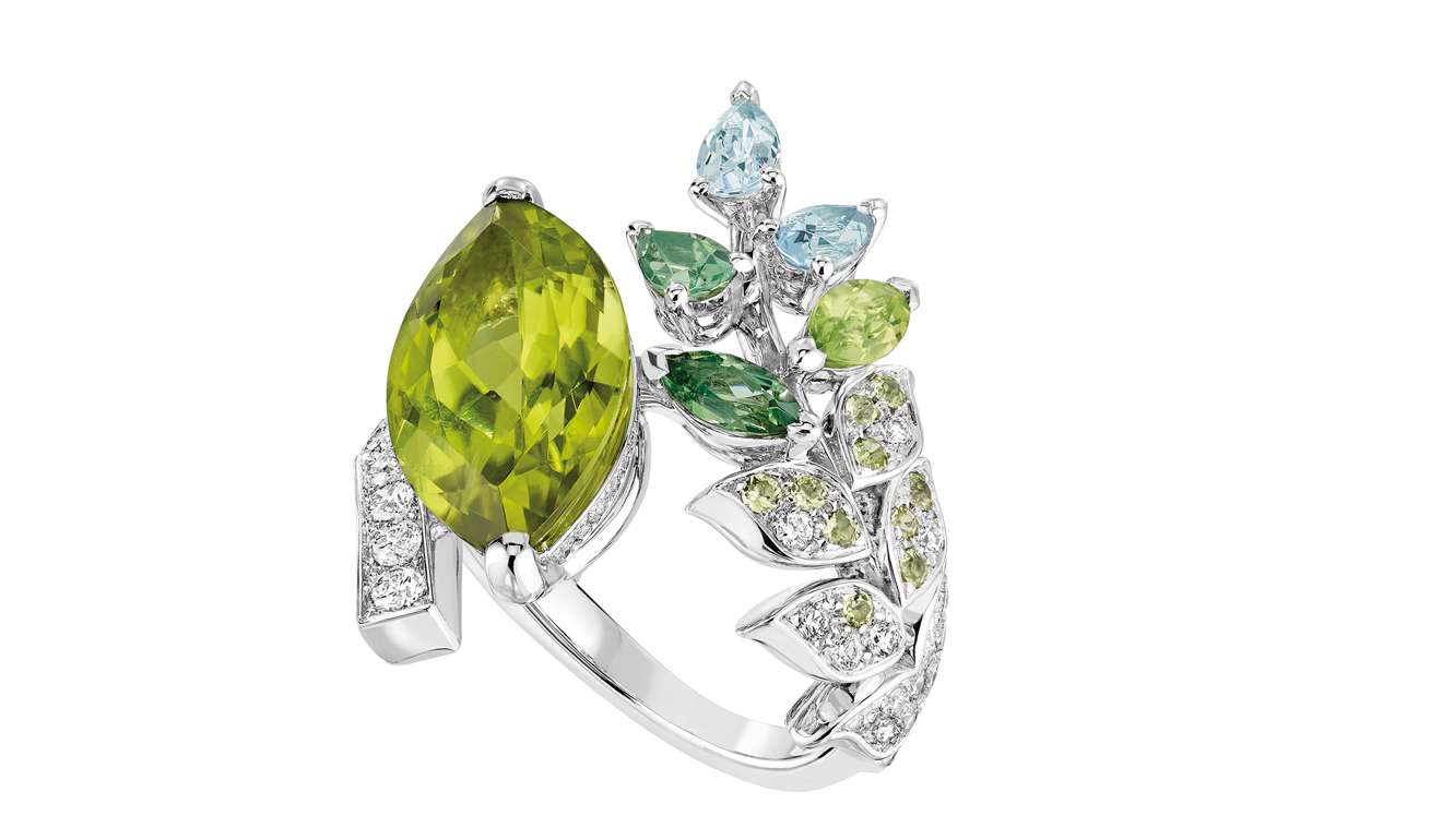 The 5.7ct marquise-cut peridot resonates with leaves made of pear-cut aquamarines and fancy-cut green tourmalines – perfect for spring. Price on request