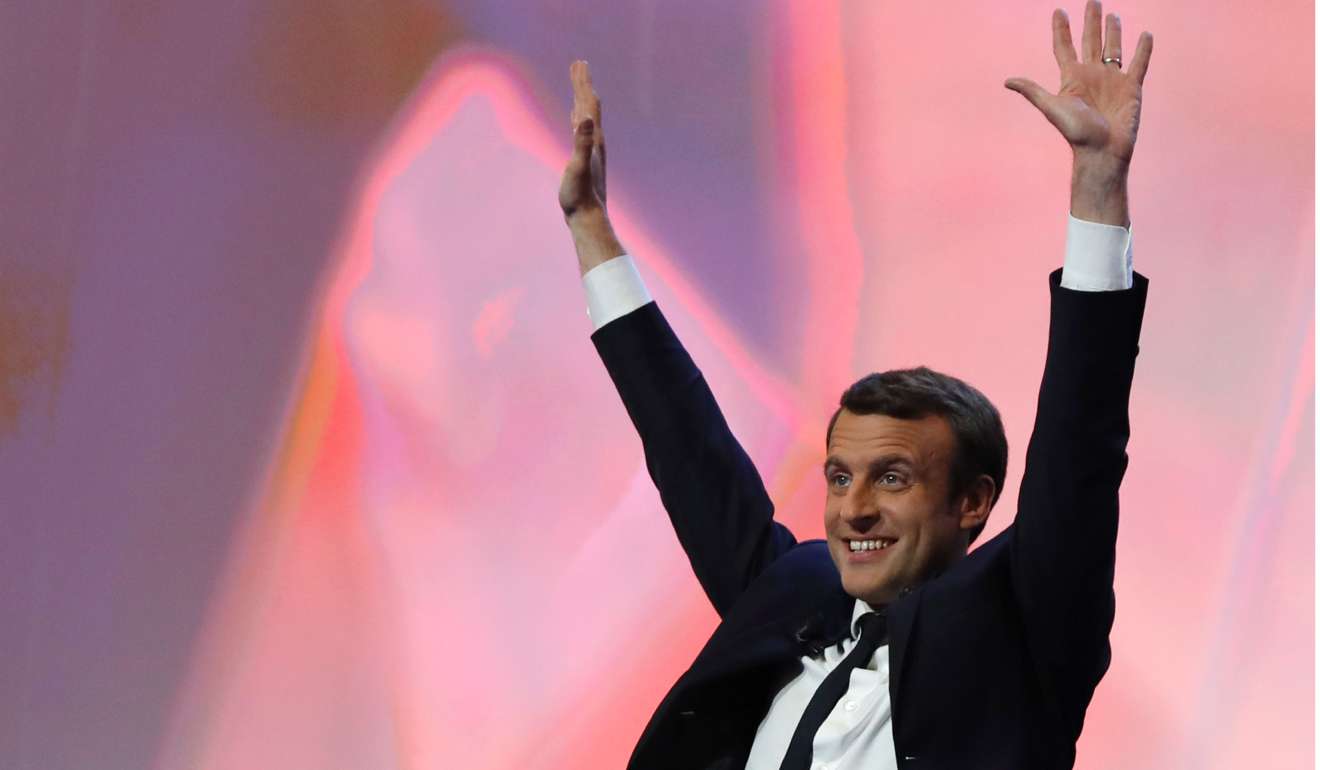 French presidential election candidate for the En Marche ! movement Emmanuel Macron delivers a speech at the Parc des Expositions in Paris om Sunday after the first round of the presidential election. Photo: AFP