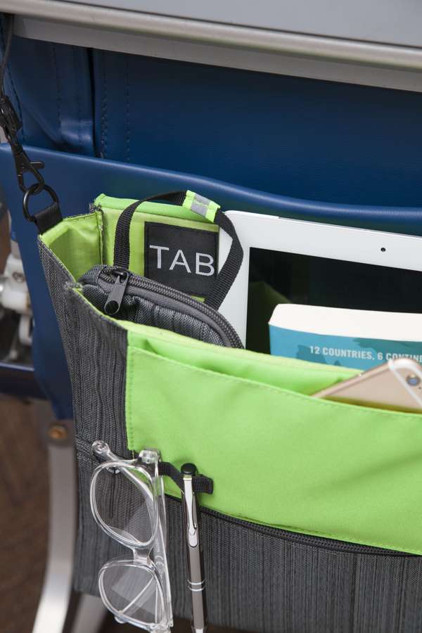 Walter + Ray’s seatback organiser attaches to the seat pocket in a number of ways.
