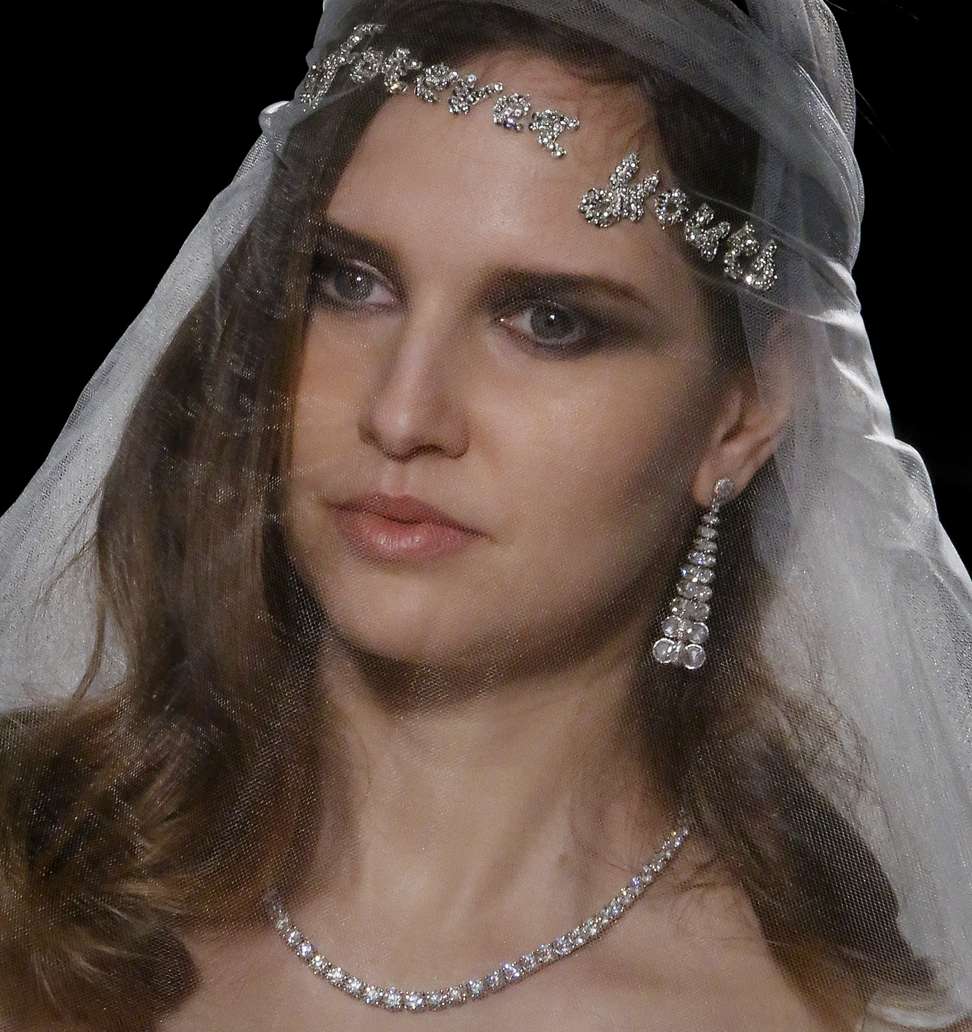The Reem Acra collection at Bridal Fashion Week in New York. Photo: AP