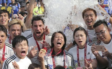 Eastern celebrate winning the Hong Kong Premier League, their first championship in the top-flight in more than two decades.Photo: AP