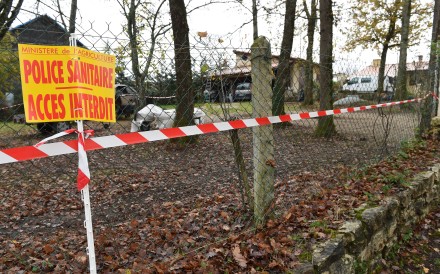 (FILES) A picture taken on November 25, 2015 shows a placard reading "Sanitary police - Access forbidden" outside a house where an outbreak of the deadly H5N1 bird flu virus has been detected in chicken in Biras. Two new cases of bird flu have been detected in poultry in Dordogne, on November 30, 2015 the Ministry of Agriculture announced, which was carrying out checks as part of a national health emergency response plan after the discovery of a H5N1 case on November 24, the first since 2007, in the department. AFP PHOTO / MEHDI FEDOUACH