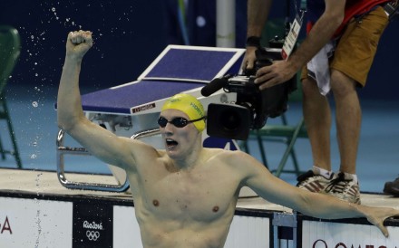 Australia's Mack Horton celebrates winning the gold in the final of the men's 400 metre freestyle. Photo: AP
