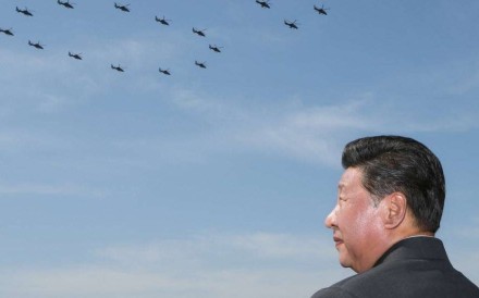Chinese president Xi Jinping observing aircraft overhead during the country's military parade on September 3, 2015. Photo: Xinhua