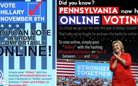 An example of fake public service announcements that circulated on Facebook prior to the US election, attempting to convince supporters of Hillary Clinton that they could vote online. Photos: Facebook An example of fake public service announcements that circulated on Facebook prior to the US election, attempting to convince supporters of Hillary Clinton that they could vote online. Photos: Facebook