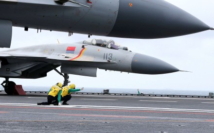 A file picture of J-15 fighter jets on the deck of China’s Liaoning aircraft carrier during military drills in the South China Sea. Photo: AFP