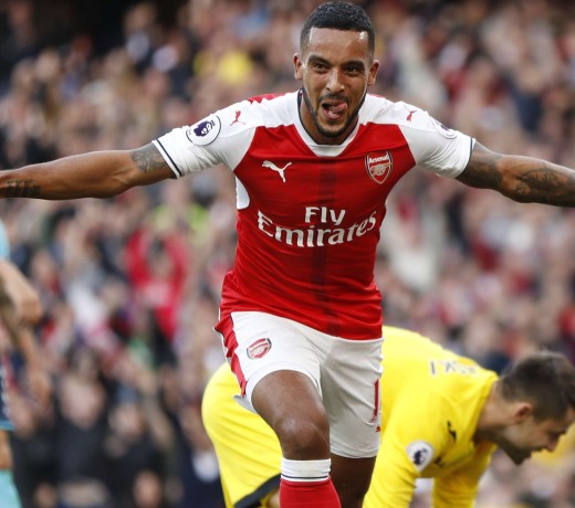 Arsenal's Theo Walcott celebrates scoring against Swansea in the Premier League on the weekend. Photo: Reuters