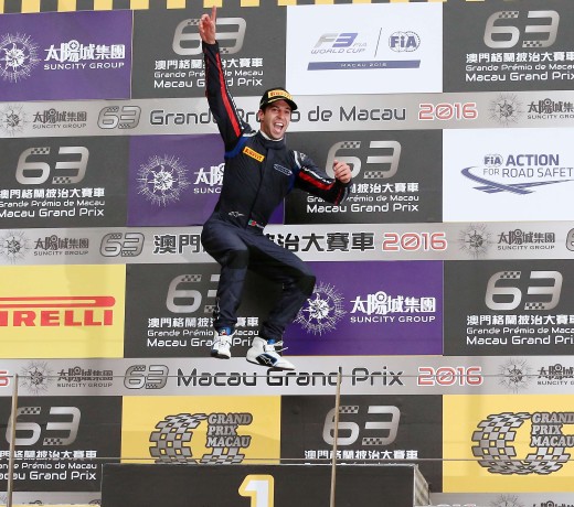 Antonio Felix Da Costa leaps high on the podium after winning the 63rd Macau Grand Prix. Photos: K. Y. Cheng