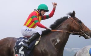 Race 7, Maurice, ridden by Ryan Moore, won the Hong Kong Mile(group 1, 1600m) at Sha Tin on 13Dec15.