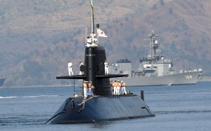 Japanese submarine Oyashio arrives at the former US naval base in Subic bay. Photo: AFP