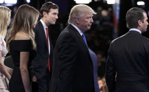 Republican US presidential nominee Donald Trump is accompanied by his family, including (from left) his daughter Ivanka, wife Melania, son-in-law Jared Kushner and son Donald Trump, Jr (R), after the conclusion of the first debate with Hillary Clinton at Hofstra University in Hempstead, New York. Photo: Reuters