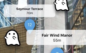 The augmented reality feature on the Spacious property search app, showing property listing details including “haunted houses”.