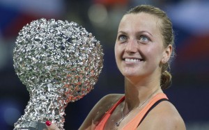 Petra Kvitova of the Czech Republic with the trophy after beating Elina Svitolina of Ukraine in the final of the WTA Elite Trophy tournament in Zhuhai. Photo: AP