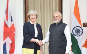 India's Prime Minister Narendra Modi shakes hands with Britain's Prime Minister Theresa May prior to a meeting in New Delhi. Photo: AFP India's Prime Minister Narendra Modi shakes hands with Britain's Prime Minister Theresa May prior to a meeting in New Delhi. Photo: AFP