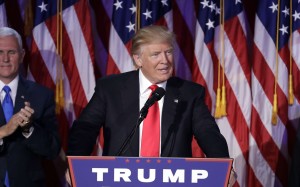 President-elect Donald Trump gives his acceptance speech during his election night rally on Wednesday, to applause from Vice-President-elect Mike Pence. Photo: AP
