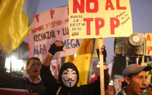 Protestors in Lima demonstrating against the Pacific Rim trade pact the Trans-Pacific Partnership, or TPP, earlier this month . Donald Trump is widely expected to pull out of the deal. Photo: EPA Protestors in Lima demonstrating against the Pacific Rim trade pact the Trans-Pacific Partnership, or TPP, earlier this month . Donald Trump is widely expected to pull out of the deal. Photo: EPA