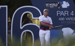 Sergio Garcia of Spain tees off at the 16th hole during the second round of the World Tour Championship in Dubai. Garcia and Francesco Molinari share a one-stroke lead at the halfway mark. Photo: AP
