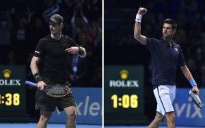 Britain's Andy Murray (L) celebrating winning his semi-final against Canada's Milos Raonic with the clock showing the match took 3 hours and 38 minutes, the longest match in Tour Finals history, and Serbia's Novak Djokovic (R) celebrating beating Japan's Kei Nishikori in 1 hour and six minutes in the second semi-final on day seven of the ATP World Tour Finals tennis tournament in London on November 19, 2016. / AFP PHOTO / Glyn KIRK Britain's Andy Murray (L) celebrating winning his semi-final against Canada's Milos Raonic with the clock showing the match took 3 hours and 38 minutes, the longest match in Tour Finals history, and Serbia's Novak Djokovic (R) celebrating beating Japan's Kei Nishikori in 1 hour and six minutes in the second semi-final on day seven of the ATP World Tour Finals tennis tournament in London on November 19, 2016. / AFP PHOTO / Glyn KIRK