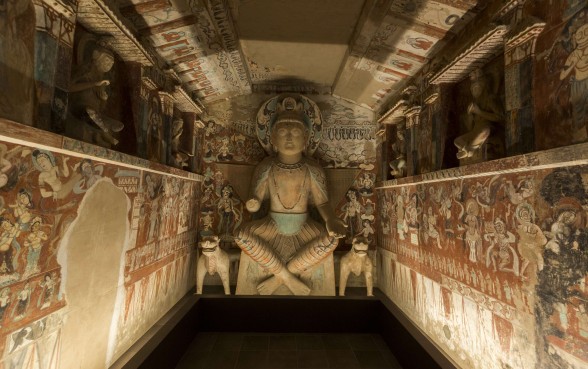 A full-scale, hand-painted replica of Cave 275 of China's Cave Temples of Dunhuang on display at the J. Paul Getty Museum in Los Angeles. Photo: AP