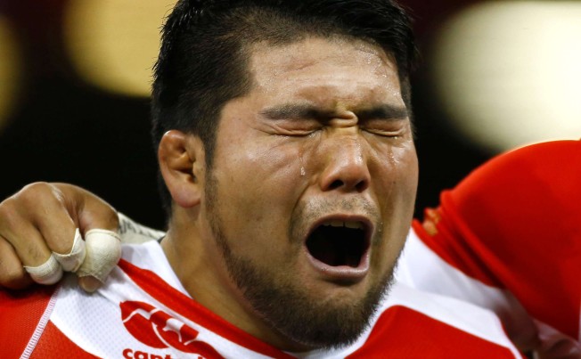 Kensuke Hatakeyama during the national anthem before Japan’s 33-30 loss to Wales in Cardiff on Saturday. Photo: Reuters