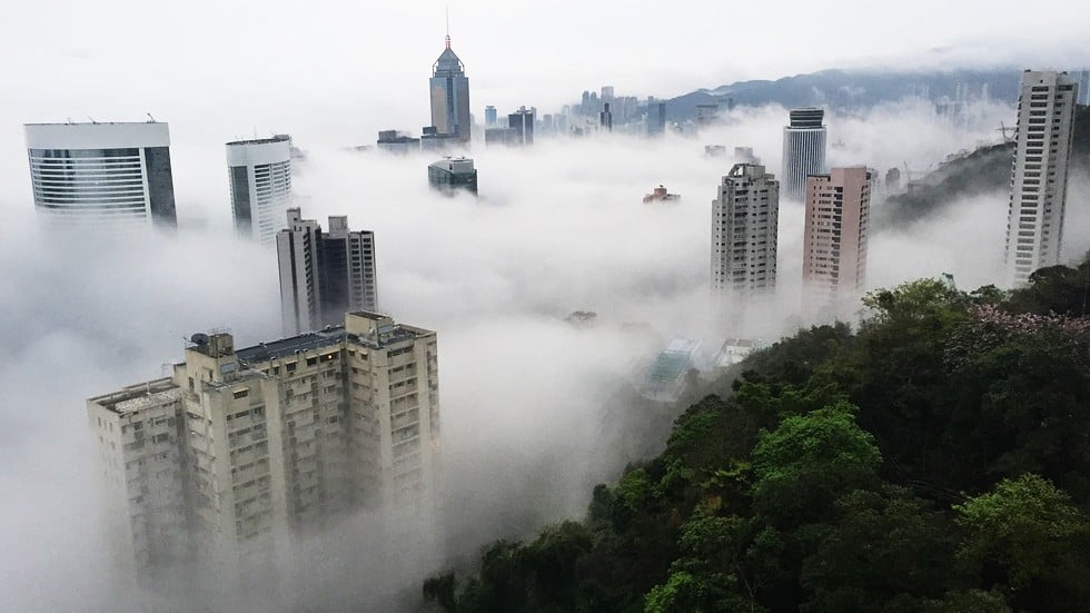 Hong Kongs Famous Skyline All But Disappears As Heavy Fog Sets In