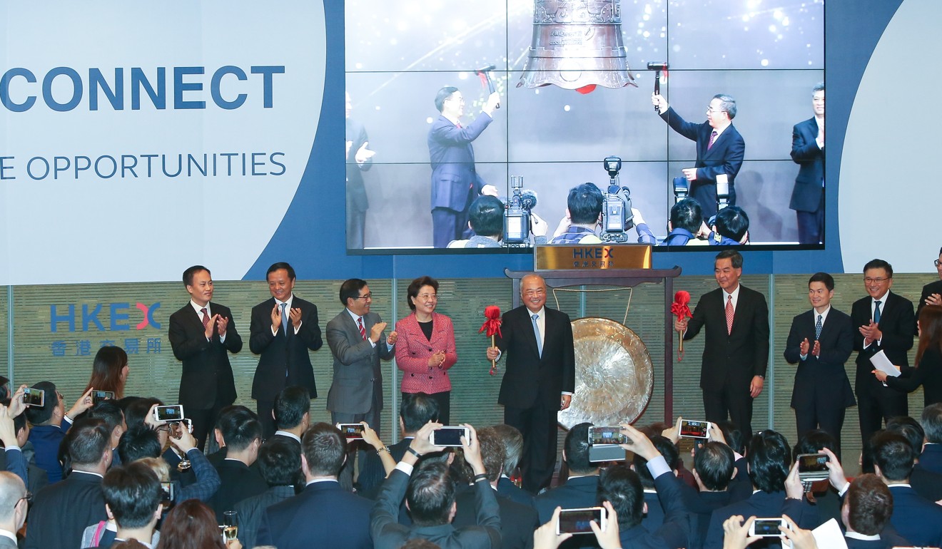 Officials from Hong Kong and China attend the launch ceremony of Shenzhen-Hong Kong Stock Connect in December 2016, two years after the launch of the Hong Kong-Shanghai Stock Connect. PHOTO: K. Y. Cheng