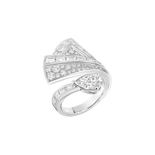 Maud ring in 18ct white gold set with a 1.5ct, pear-cut diamond, 19, 1.46ct baguette-cut diamonds and 39, 0.64 brilliant-cut diamonds.