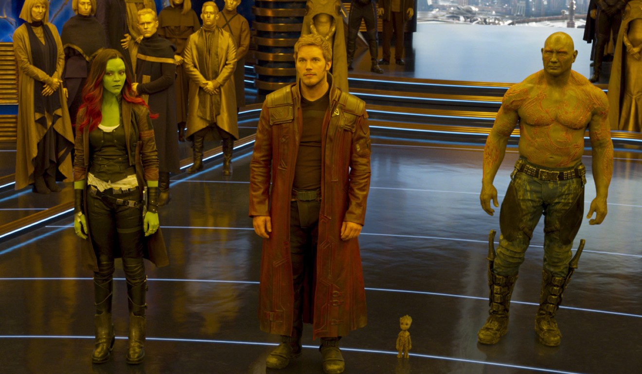 Dave Bautista as Drax (right) with (from left) Gamora (Zoe Saldana), Star-Lord/Peter Quill (Chris Pratt) and Groot (voiced by Vin Diesel) in Guardians of the Galaxy Vol. 2. Photo: Film Frame-Marvel Studios
