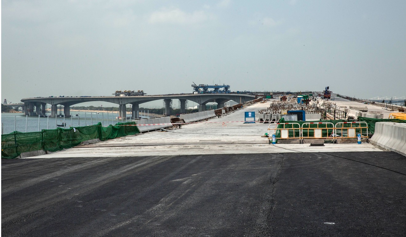 A section of the Hong Kong-Zhuhai-Macau bridge under construction in Hong Kong, in March. Hong Kong lags behind its mainland counterpart in completing its portion of the project. Photo: Bloomberg
