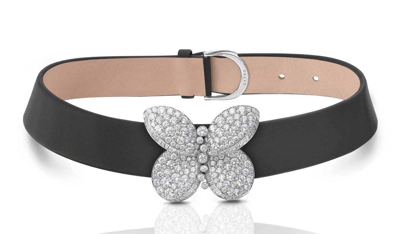 The satin choker is adorned with a diamond-studded signature butterfly motif. Price on request