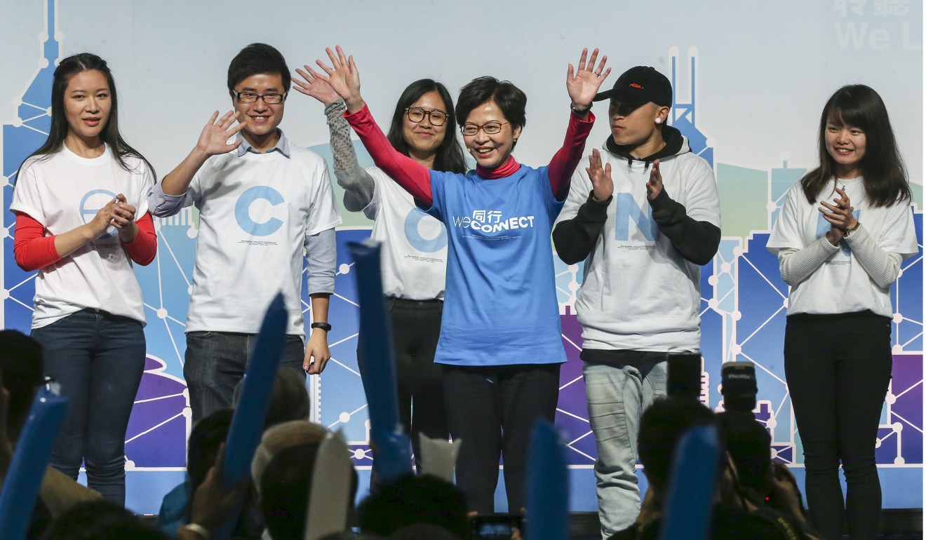 Carrie Lam attends a rally on February 3 while she was still campaigning to be chief executive. The chief executive-elect made it a point to engage young people to work for her campaign. Photo: Sam Tsang