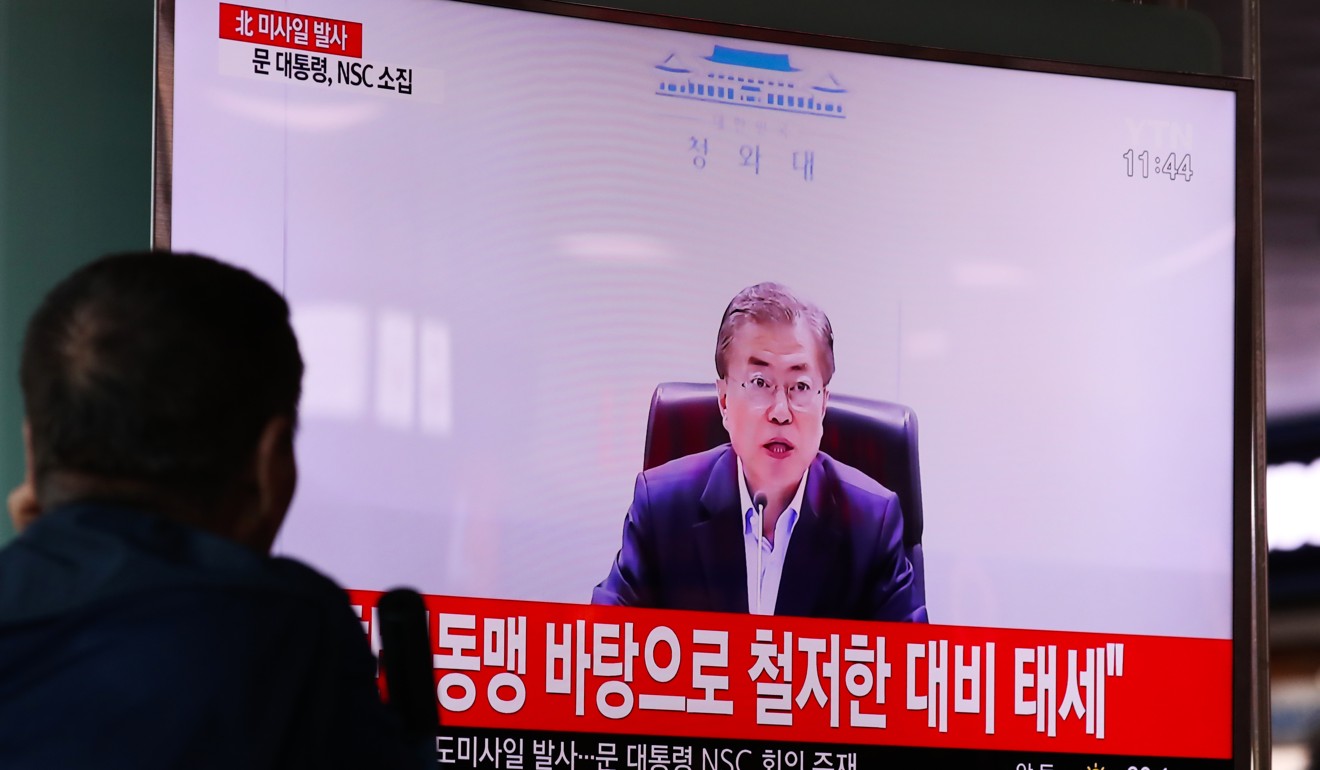 South Korea’s new president Moon Jae-in reacts to North Korea's ballistic missile launch on Sunday South Korea. Photo: Bloomberg