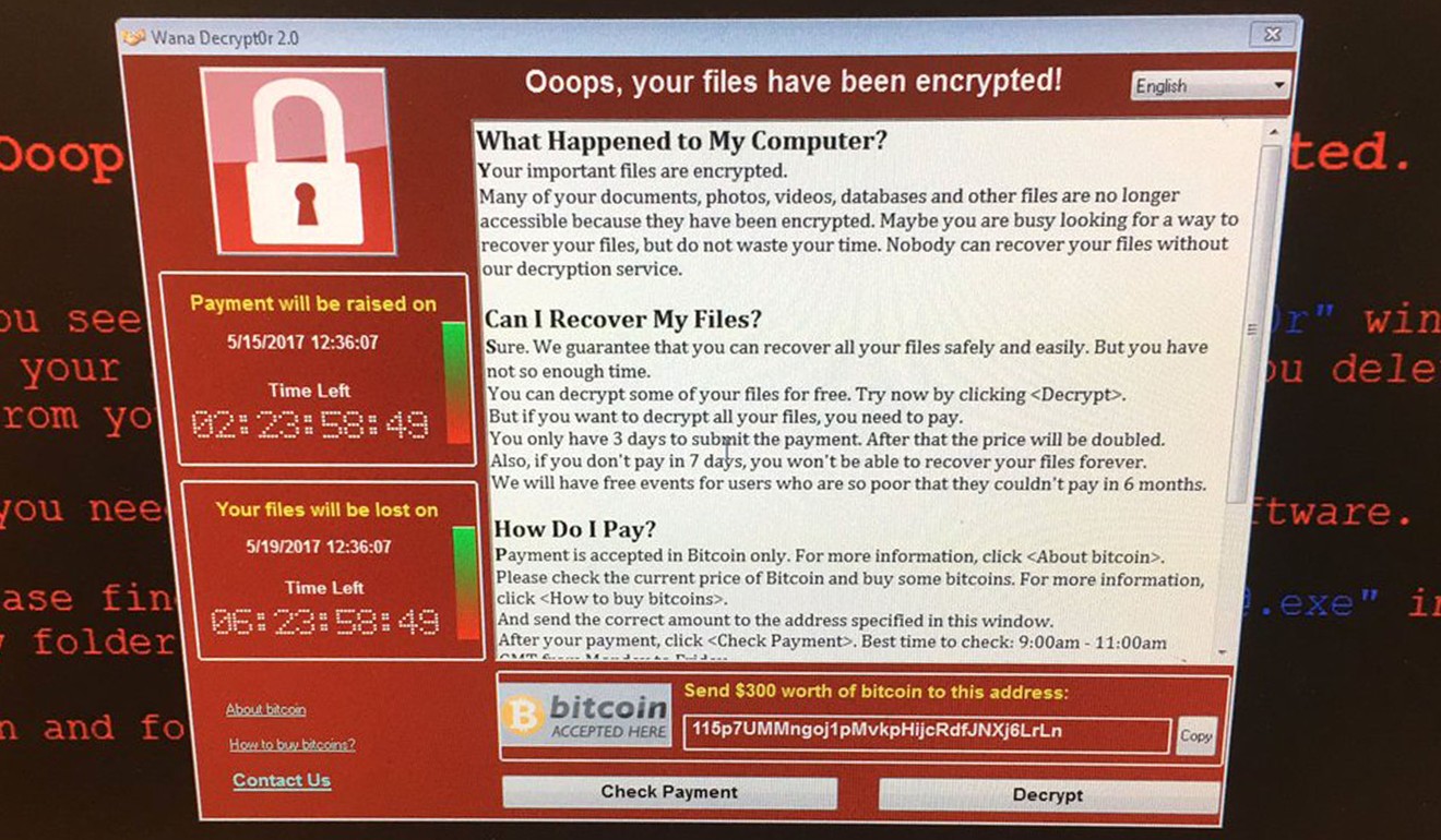 The pop-up ransomware window demanding a bitcoin payment to unlock a computer. Photo: AP. @fendifille