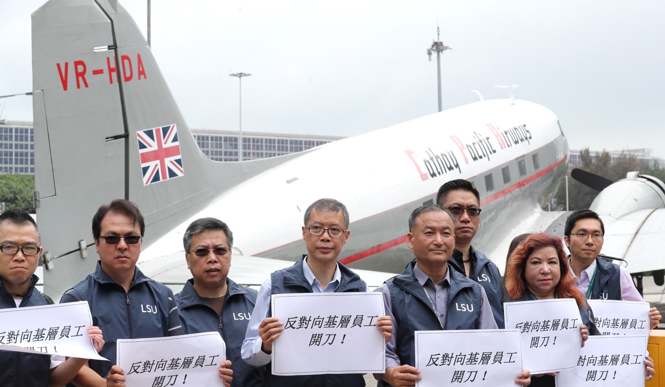 Cathay Pacific staff hold a protest outside their headquarters. Photo: Edward Wong